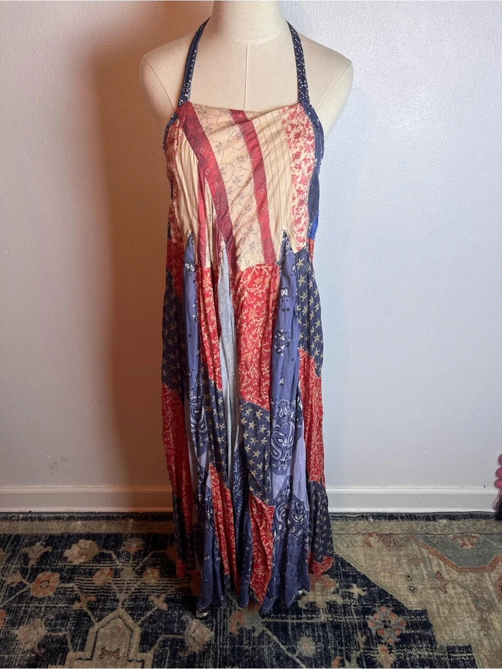 Free People Patchwork American Flag Halter Dress Red, White, Blue 100% Cotton - Picture 2 of 6